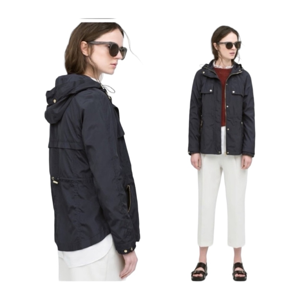 Zara Navy Blue Rain Jacket Hooded Full Zip Gold Tone Zippers & Snaps Size Medium - Picture 2 of 16